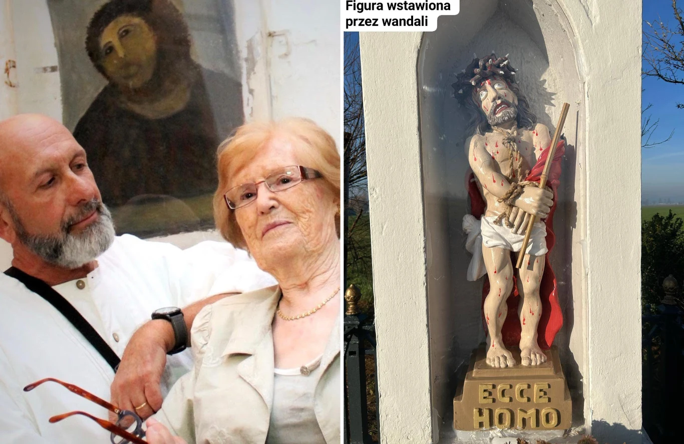 Po lewej hiszpański obraz "Ecce Homo" wraz z autorką "renowacji". Po prawej dzieło polskiego "konserwatora", które pojawiło się w Rozmierzu. 