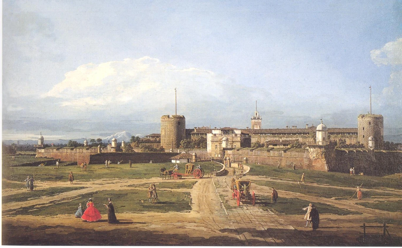 Zamek Sforzesco w Mediolanie, ok. 1750 r. Obraz autorstwa słynnego malarza Bernardo Belotto