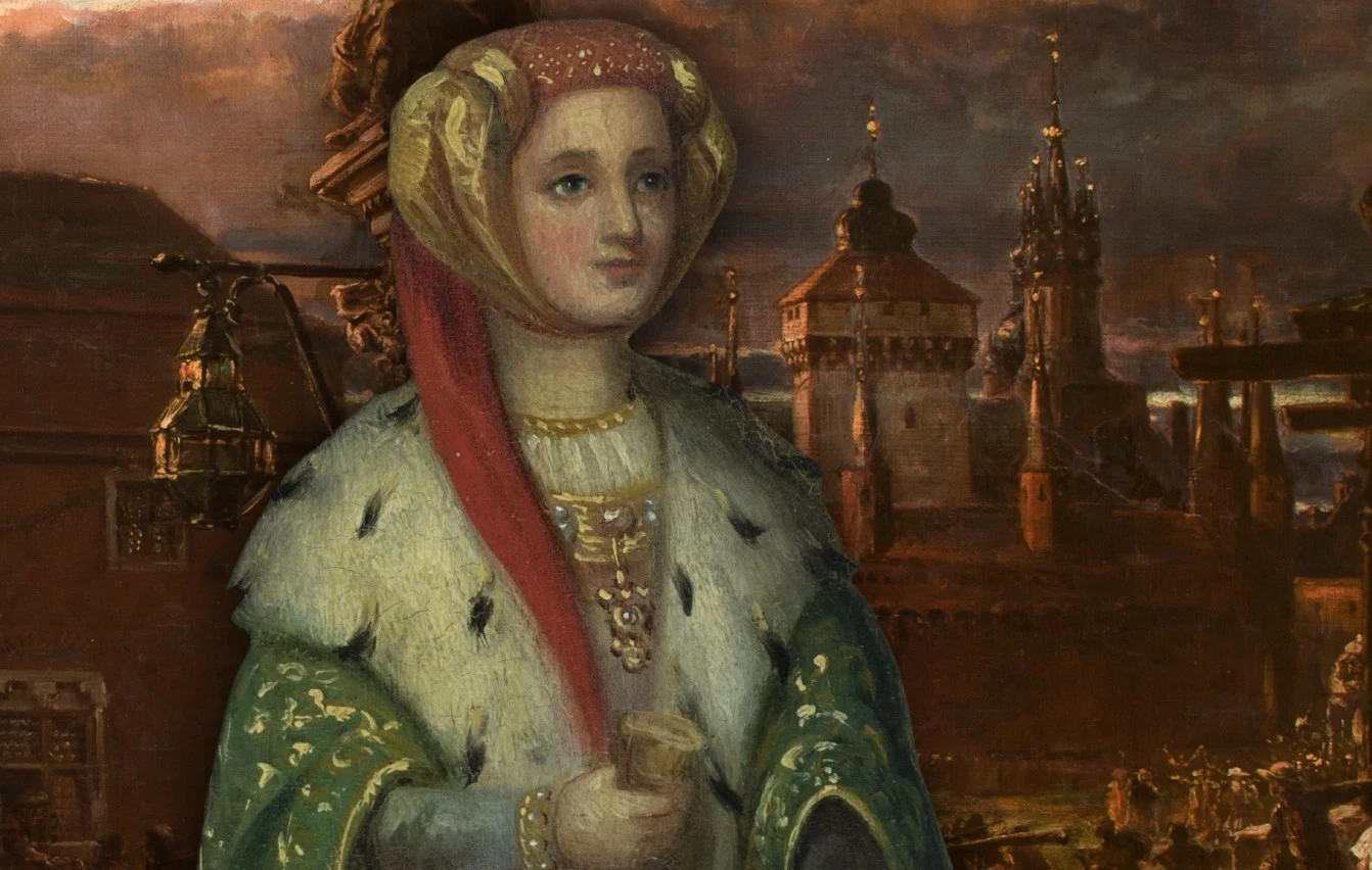 Helena Moskiewska na obrazie Marcelego Krajewskiego. W tle jagielloński Kraków na płótnie Jana Matejki - Wyjście żaków z Krakowa Helena Moskiewska na obrazie Marcelego Krajewskiego. W tle jagielloński Kraków na płótnie Jana Matejki - Wyjście żaków z Krakowa