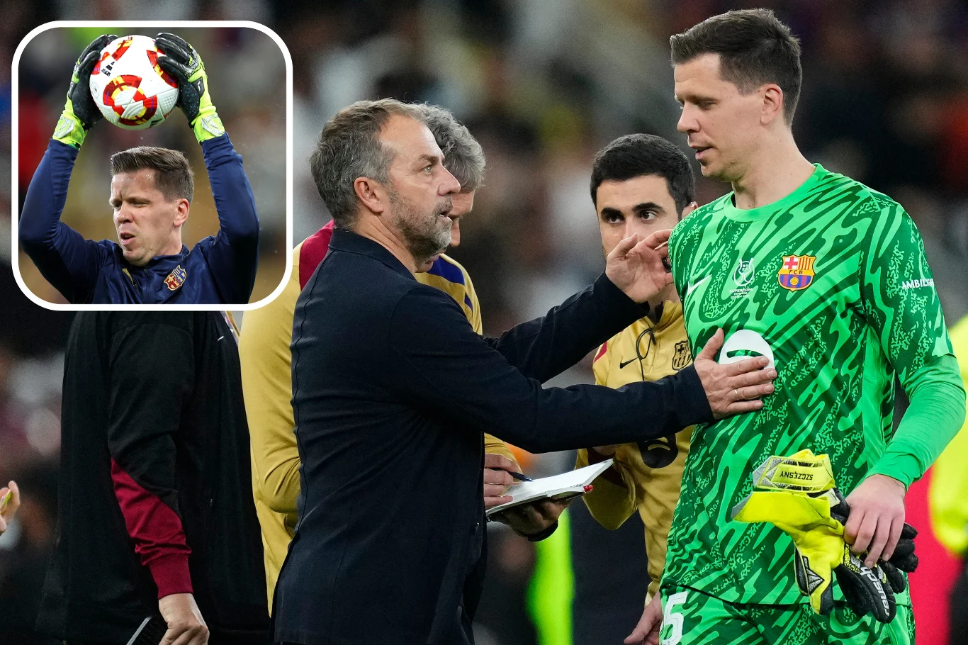 FC Barcelona. Na zdjęciu polski bramkarz Wojciech Szczęsny oraz trener Hansi Flick