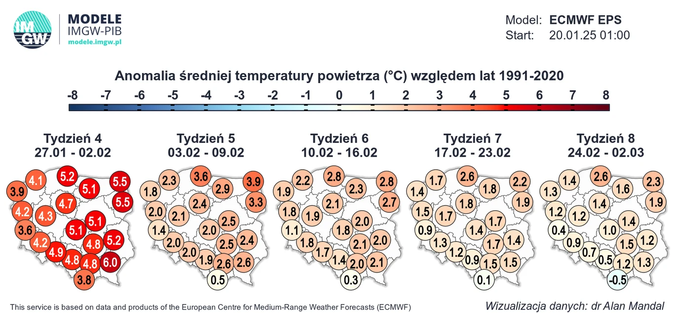 Ostatni tydzień stycznia i pierwsze dni lutego mogą być znacznie cieplejsze od średniej z lat 1991-2020, i to w całej Polsce