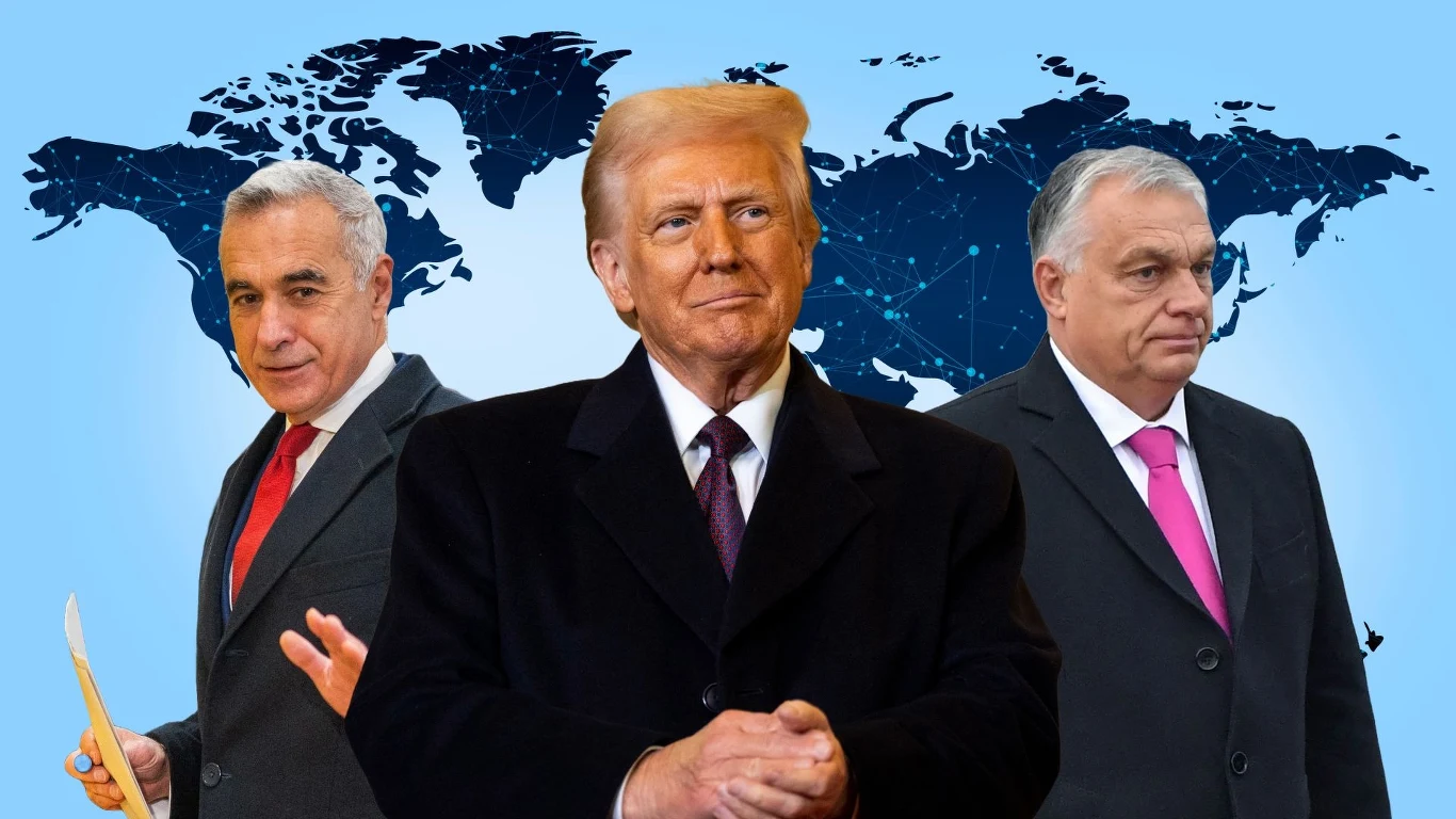 Kandydat na prezydenta Rumunii Calin Georgescu, prezydent USA Donald Trump, premier Węgier Viktor Orban Kandydat na prezydenta Rumunii Calin Georgescu, prezydent USA Donald Trump, premier Węgier Viktor Orban