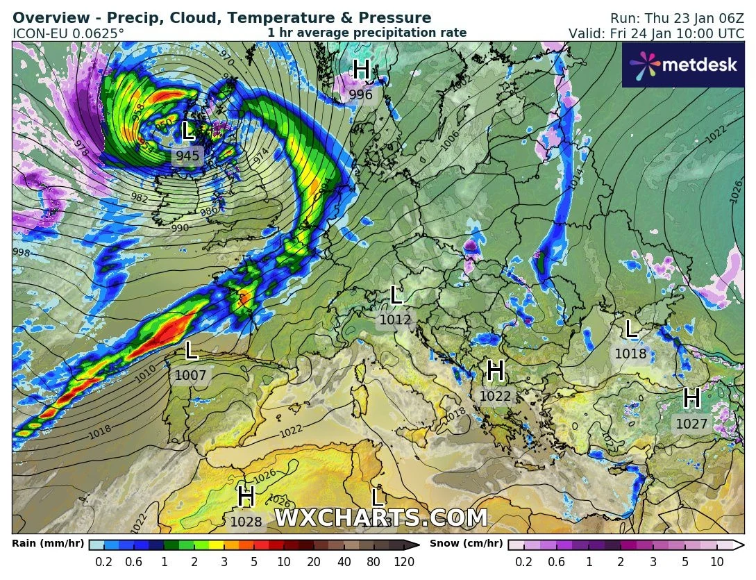 Sytuacja pogodowa w Europie w piątek 24 stycznia, godz. 10:00