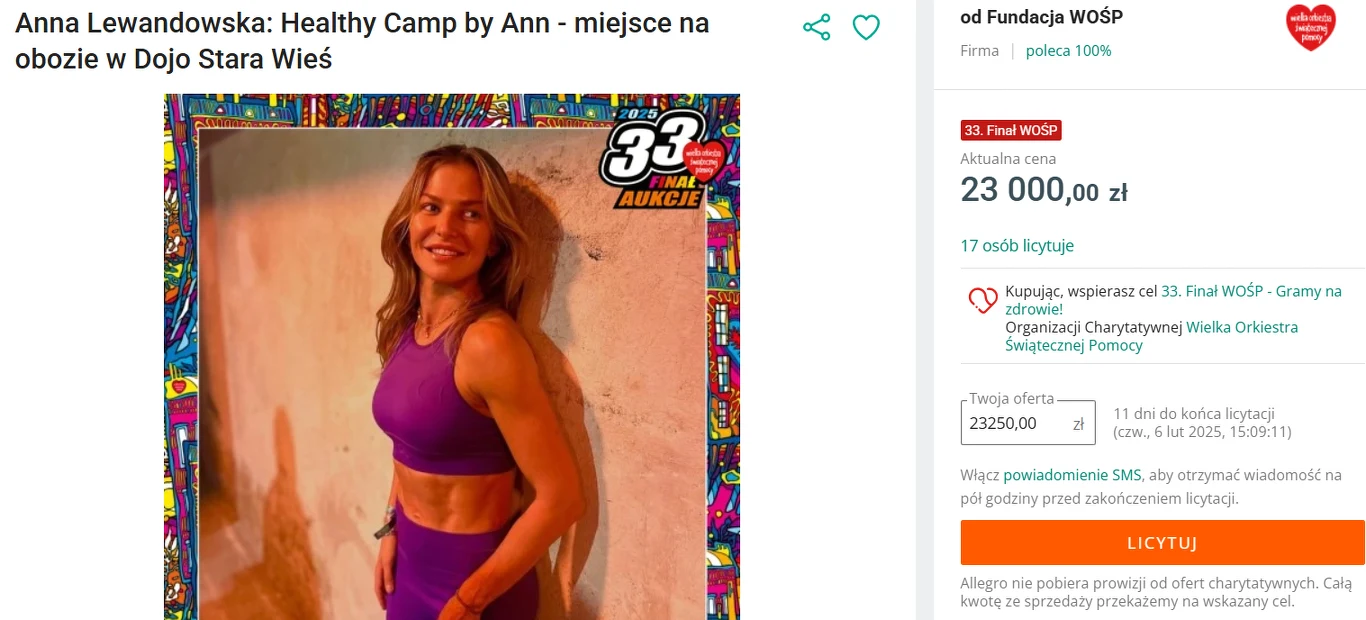 Licytacja miejsca na obozie Anny Lewandowskiej