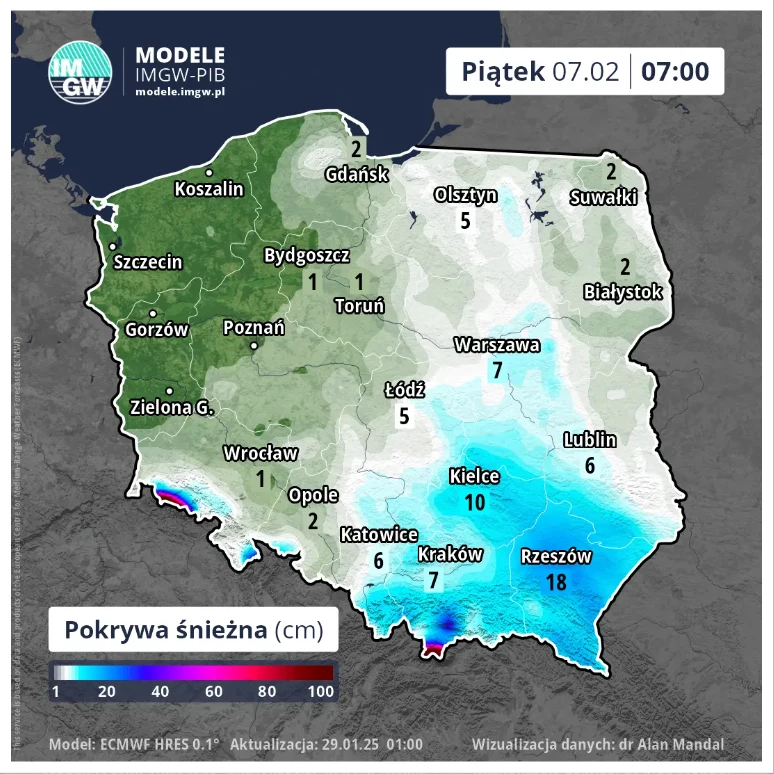 Pod koniec przyszłego tygodnia na południu i wschodzie kraju w wielu miejscach może leżeć kilkucentymetrowa warstwa śniegu - prognozuje IMGW