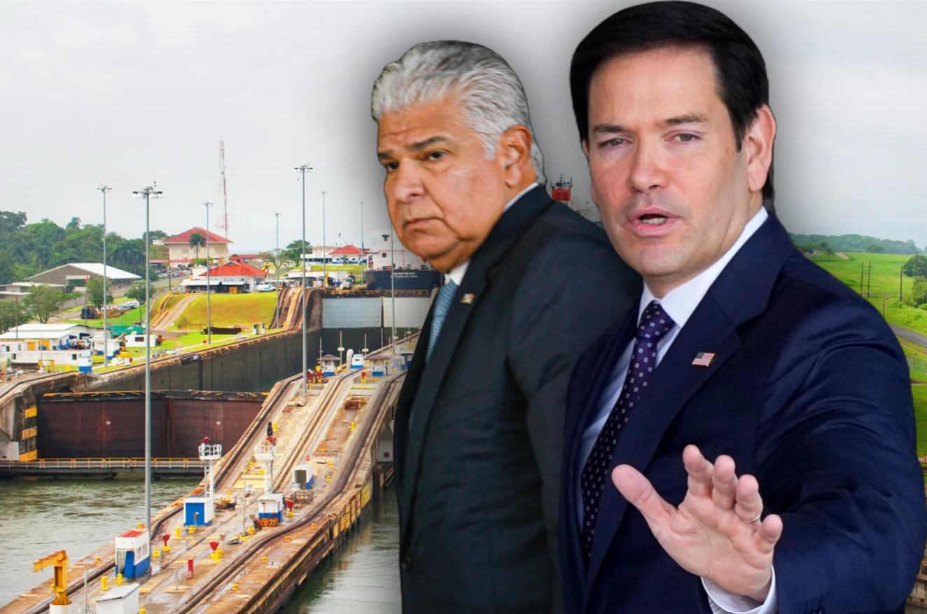 Prezydent Panamy Mulino i sekretarz stanu USA Rubio. W tle Kanał Panamski Prezydent Panamy Mulino i sekretarz stanu USA Rubio. W tle Kanał Panamski