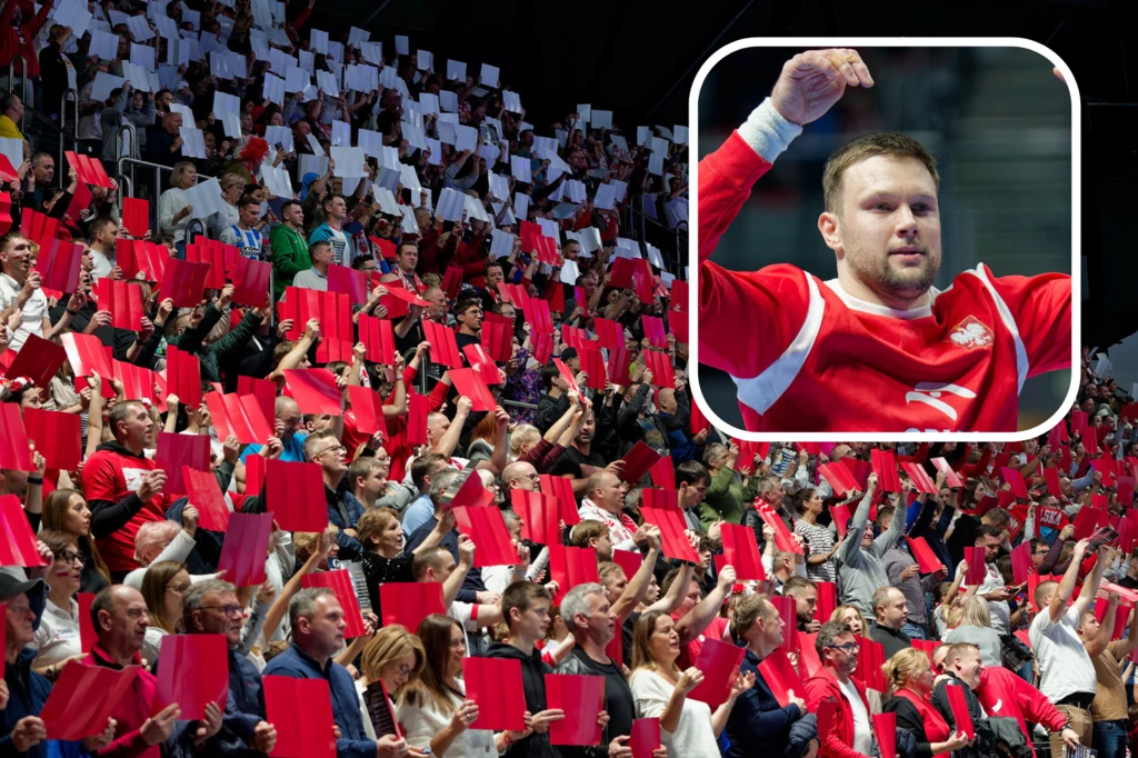 Kamil Syprzak na tle polskich kibiców piłki ręcznej Kamil Syprzak na tle polskich kibiców piłki ręcznej