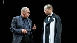 Jerzy Stuhr i Maciej Stuhr na próbie spektaklu "Bal manekinów" w 2018 roku