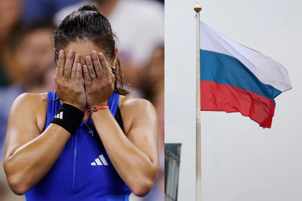 Na zdjęciu rosyjska tenisistka Daria Kasatkina, a obok rosyjska flaga Na zdjęciu rosyjska tenisistka Daria Kasatkina, a obok rosyjska flaga