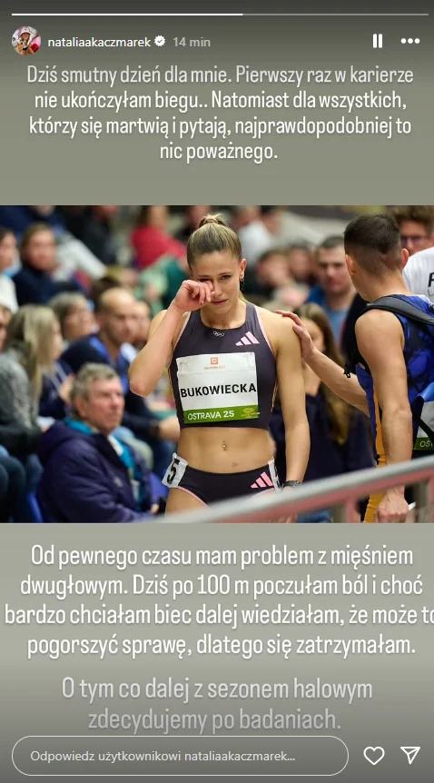 Wpis Natalii Bukowieckiej o kontuzji odniesionej w Ostrawie