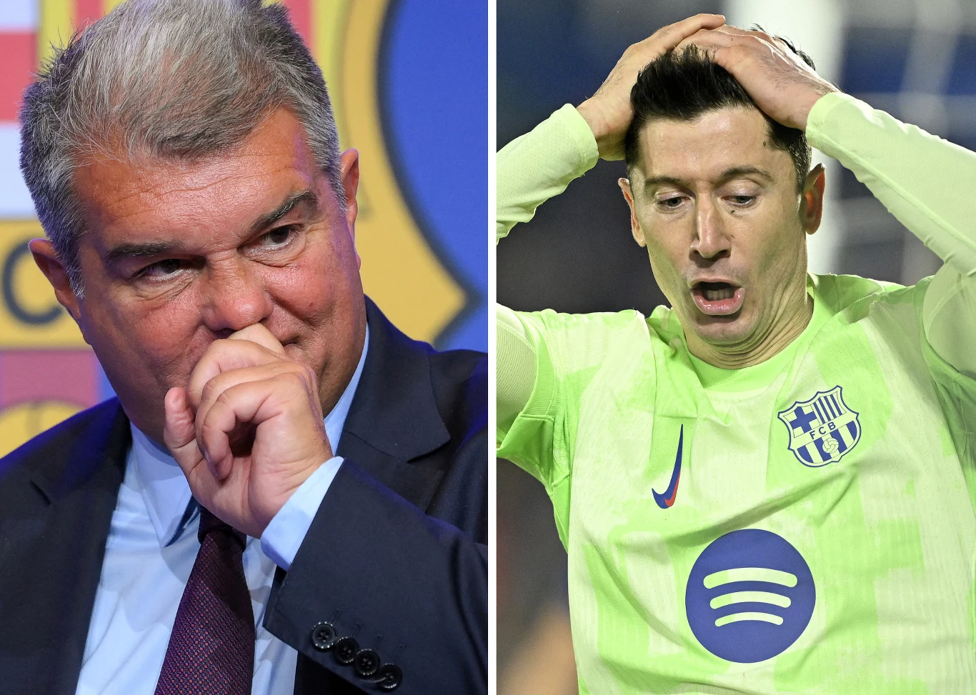Prezes FC Barcelona Joan Laporta oraz napastnik Robert Lewandowski