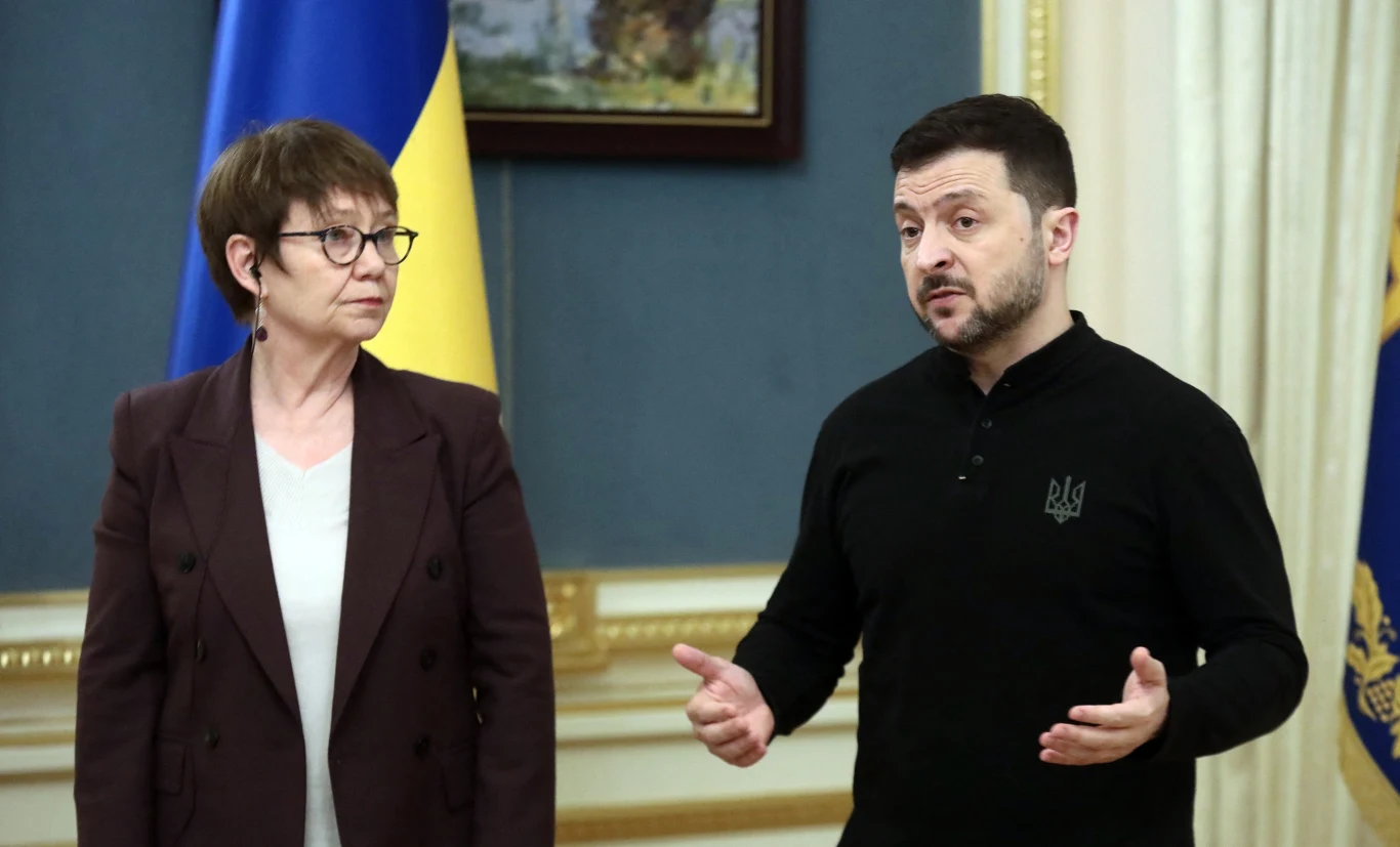 Prezeska EBOR Odile Renaud-Basso i Wołodymyr Zełenski, prezydent Ukrainy