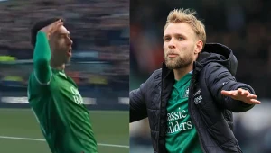 Na zdjęciu piłkarze Plymouth - Ryan Hardie oraz Tymoteusz Puchacz