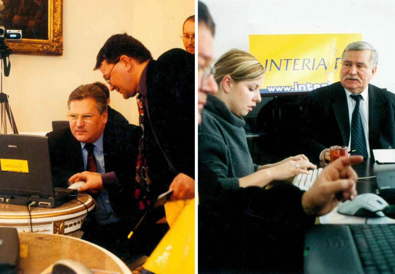 Na zdjęciach Zygmunt Moszkowicz i Agnieszka Łopatowska podczas czatów z Aleksandrem Kwaśniewskim i Lechem Wałęsą 