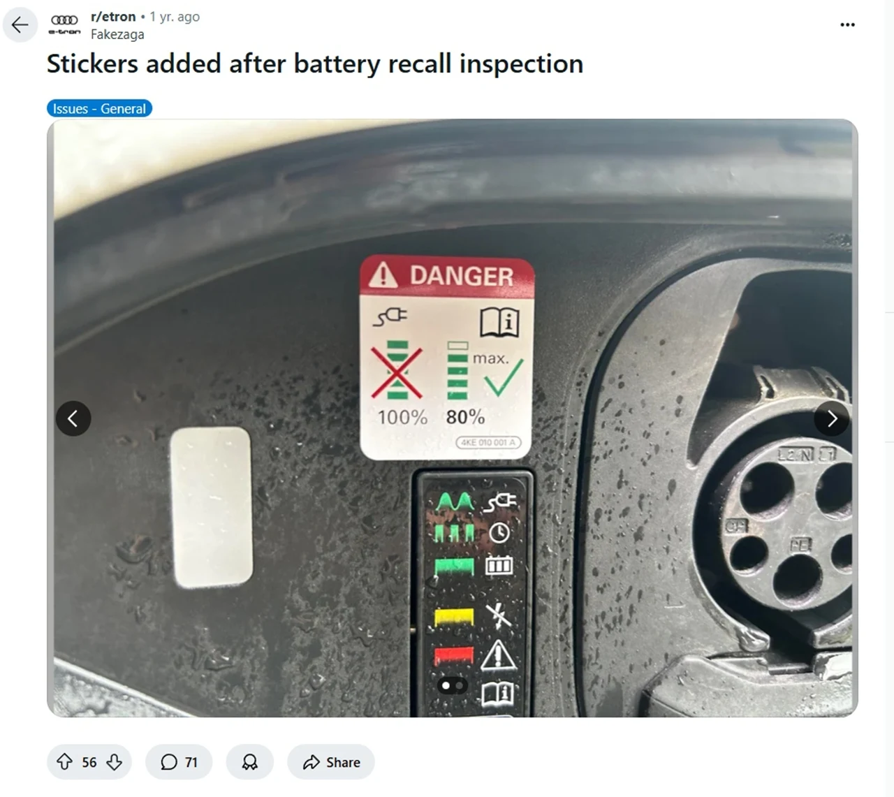 Samochody zostały oznaczone specjalnymi naklejkami z zakazem ładowania powyżej 80 proc. /Fot. Fakezaga@reddit