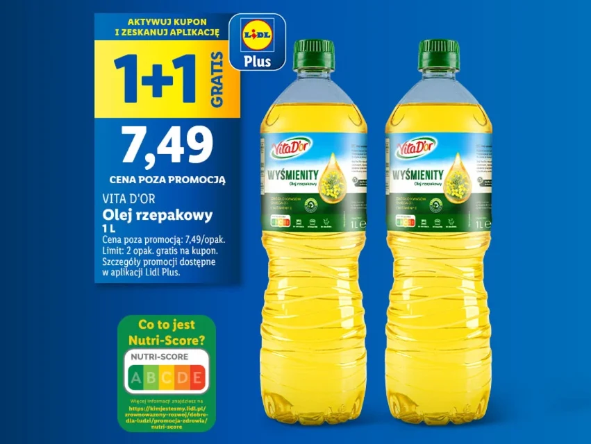 Lidl kusi promocjami posiadaczy karty Lidl Plus! Olej rzepakowy Vita D’Or 1+1 gratis!