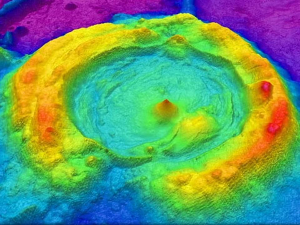 Przykładowa mapa lidaru wielowiązkowego o wysokiej rozdzielczości, ukazująca geologię dna morskiego, w cieniowanej rzeźbie terenu i pokolorowana według głębokości