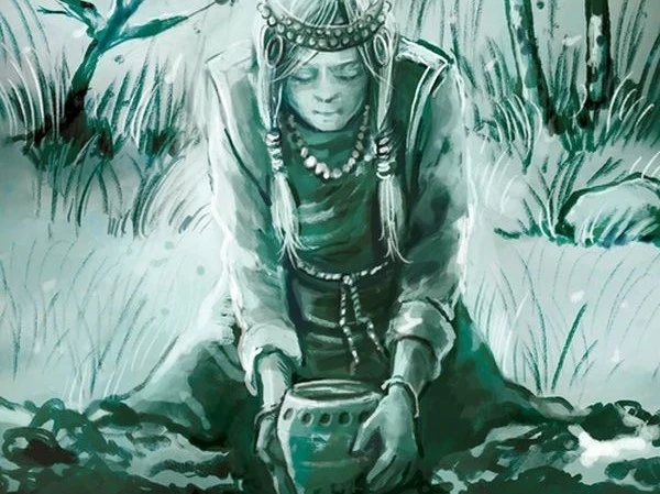 Kobieta kultury łużyckiej na pograniczu Śląska i Małopolski we wczesnej epoce żelaza podczas aktu grzebania urny z prochami zmarłego (wg M. Michnik, K. Dzięgielewski 2022) Kobieta kultury łużyckiej na pograniczu Śląska i Małopolski we wczesnej epoce żelaza podczas aktu grzebania urny z prochami zmarłego (wg M. Michnik, K. Dzięgielewski 2022)