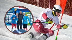Michał Gołaś na trasie. W ramce razem ze swoim przewodnikiem Kacprem Walasem i trenerem Michałem Kłusakiem