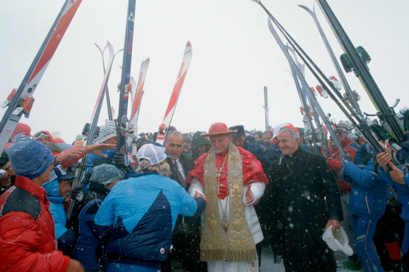 Jan Paweł II w Marmolada w Dolomitach. Spotkanie z narciarzami, rok 1984