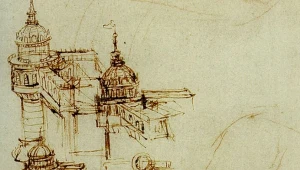 Fragment szkicu Leonarda da Vinci przedstawiający zamek Sforzów