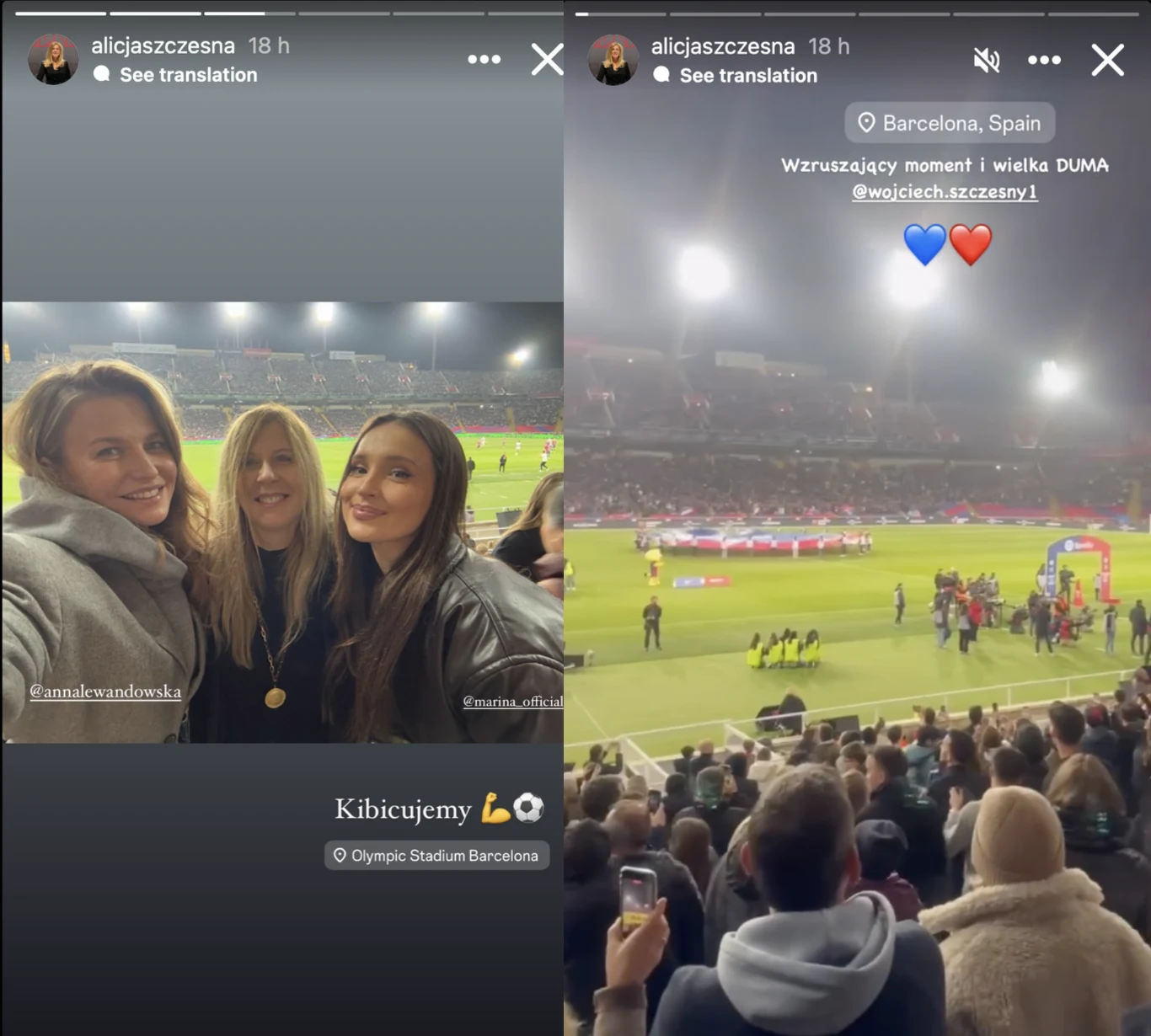 Alicja Szczęsna, Anna Lewandowska i Marina Łuczenko-Szczęsna na meczu Barcelony