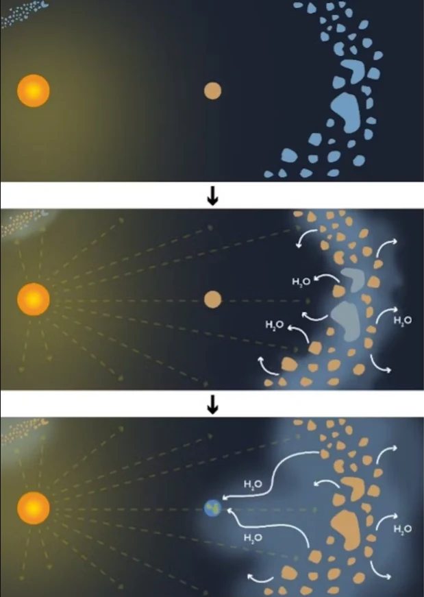 Ilustracja krok po kroku nowego modelu dystrybucji wody na wewnętrznych planetach Układu Słonecznego, w tym na Ziemi
