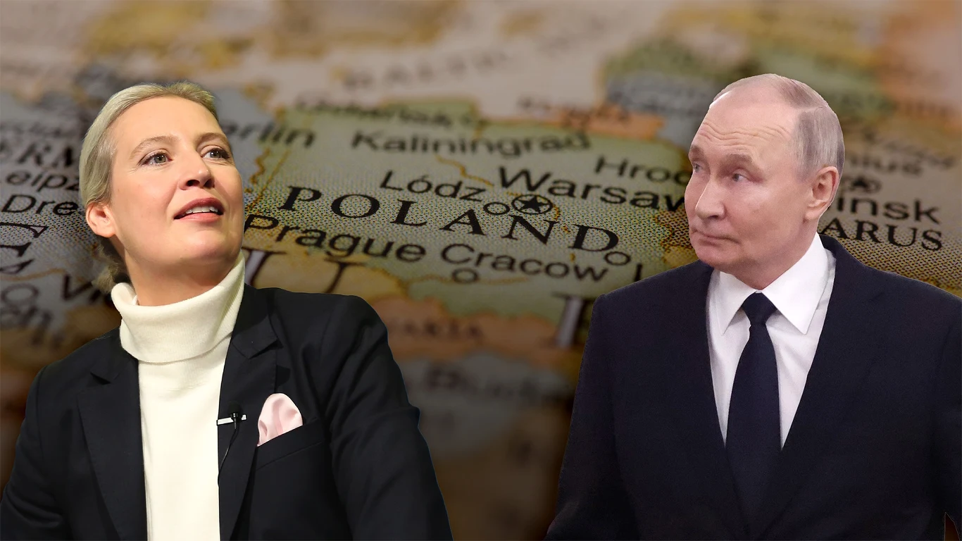Polska znów pomiędzy Niemcami a Rosją. Na zdjęciu szefowa AfD Alice Weidel i rosyjski prezydent Władimir Putin. Grafikę wykonała: Aleksandra Włodarczyk Polska znów pomiędzy Niemcami a Rosją. Na zdjęciu szefowa AfD Alice Weidel i rosyjski prezydent Władimir Putin. Grafikę wykonała: Aleksandra Włodarczyk