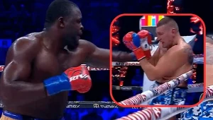 Kadr z walki Martina Bakole z Mariuszem Wachem. W 2019 roku Kongijczyk dotkliwie pobił Polaka w katowickim Spodku i wywalczył pas międzynarodowego mistrza Polski