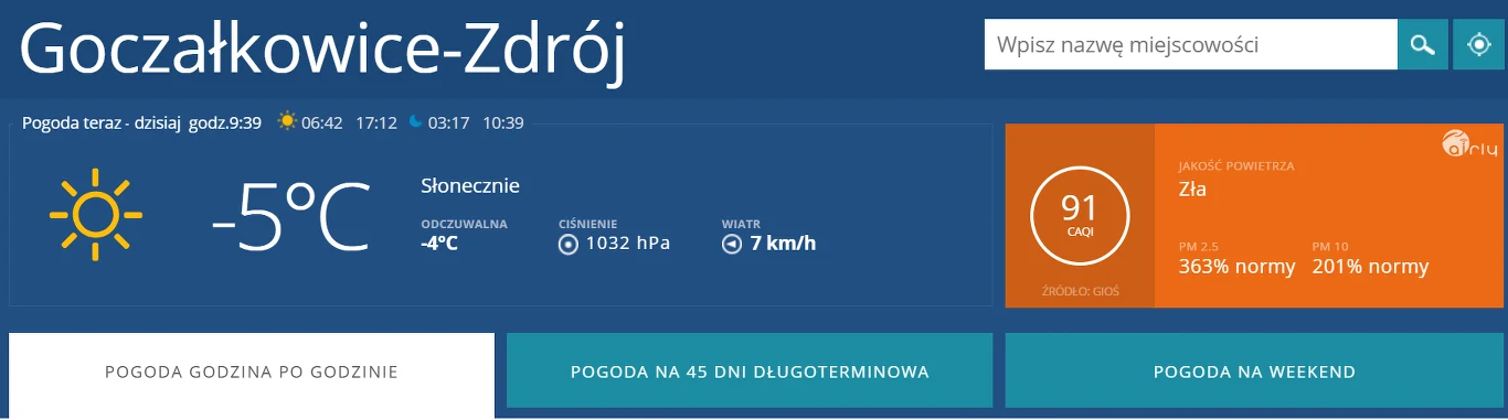 Jakość powietrza w Goczałkowicach-Zdroju dn. 21.02.2025, godz. 9.40/ materiały własne Jakość powietrza w Goczałkowicach-Zdroju dn. 21.02.2025, godz. 9.40/ materiały własne