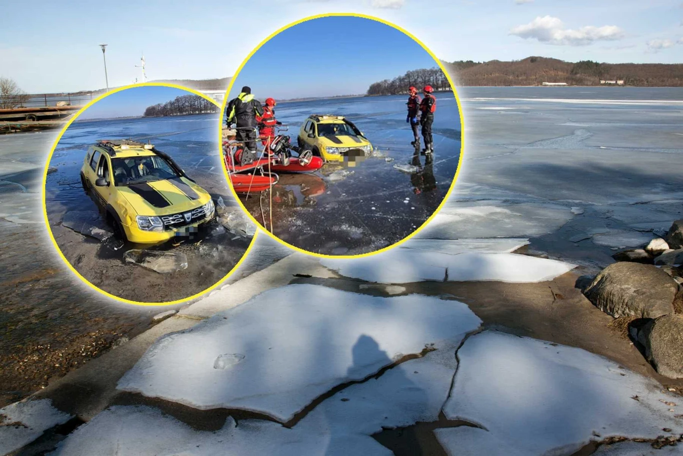 Służby pracują nad wydobyciem z Jeziora Lednickiego podtopionej Dacii Duster /fot. KMP w Gnieźnie Służby pracują nad wydobyciem z Jeziora Lednickiego podtopionej Dacii Duster /fot. KMP w Gnieźnie