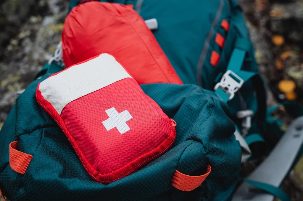 First aid kit close-up, cosmetic bag with medicines. Travel First Aid Kit, Hiking Option. High quality photo