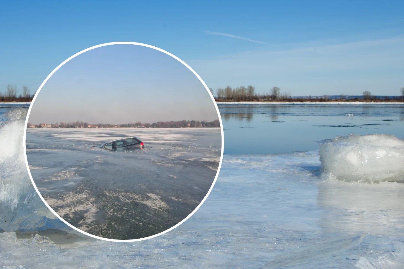 Samochód znalazł się pod lodem na Śniardwach. Nikomu się nic nie stało Samochód znalazł się pod lodem na Śniardwach. Nikomu się nic nie stało