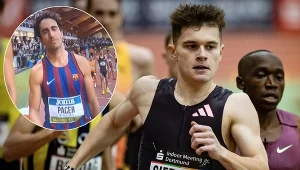 Patryk Sieradzki podczas tegorocznego mityngu w Dortmundzie. A w kółku - Hiszpan Rojo, pełniący w Madrycie rolę "zająca" 