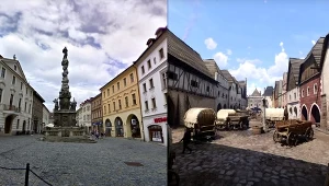 Kolumna Niepokalanej Maryi Panny w Kutnej Horze - po lewej współczesne zdjęcie, po prawej fragment gry Kingdom Come: Deliverance 2. Źródło: YouTube.com / kanał: @ElAnalistaDeBits