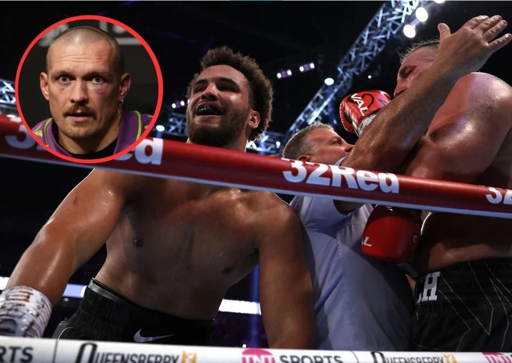 Ołeksandr Usyk oraz Moses Itauma w ringu z Mariuszem Wachem Ołeksandr Usyk oraz Moses Itauma w ringu z Mariuszem Wachem