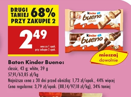 Kinder Bueno Wafel pokryty mleczną czekoladą wypełniony nadzieniem 43 g (2 sztuki)