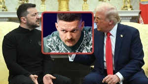 Prezydenci Wołodymyr Zełenski (z lewej) i Donald Trump. W środku gigant wagi ciężkiej, pięściarz Ołeksandr Usyk