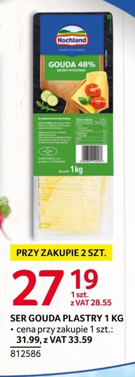Hochland Professional Ser żółty Gouda 48% w plastrach 1 kg