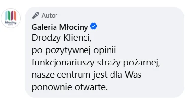 Galeria Młociny poinformowała, że po ewakuacji spowodowanej zadymieniem obiekt jest już ponownie otwarty Galeria Młociny poinformowała, że po ewakuacji spowodowanej zadymieniem obiekt jest już ponownie otwarty