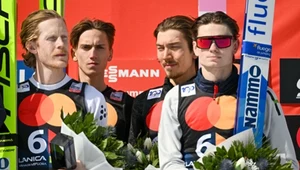 Skoczkowie reprezentacji Norwegii podczas MŚ w Trondheim. Od lewej: Robert Johansson, Benjamin Oestvold, Marius Lindvik i Johann Andre Forfang