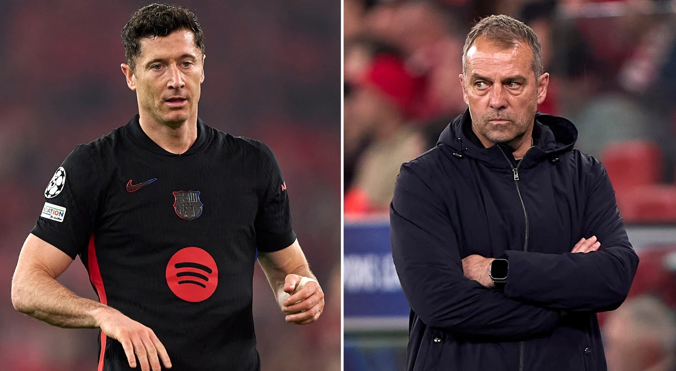 Robert Lewandowski i Hansi Flick podczas meczu Ligi Mistrzów z Benficą