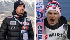 Prezes PZN Adam Małysz i Marius Lindvik, niedoszły wicemistrz świata z Trondheim (Źródło: AFP/Newspix.pl)