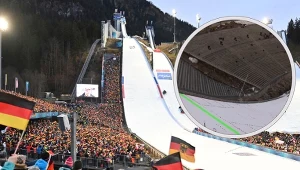 Trybuny w czasie kobkursu Turnieju Czterech Skoczni w Oberstdorfie i w czasie Raw Air w Oslo (w ramce)