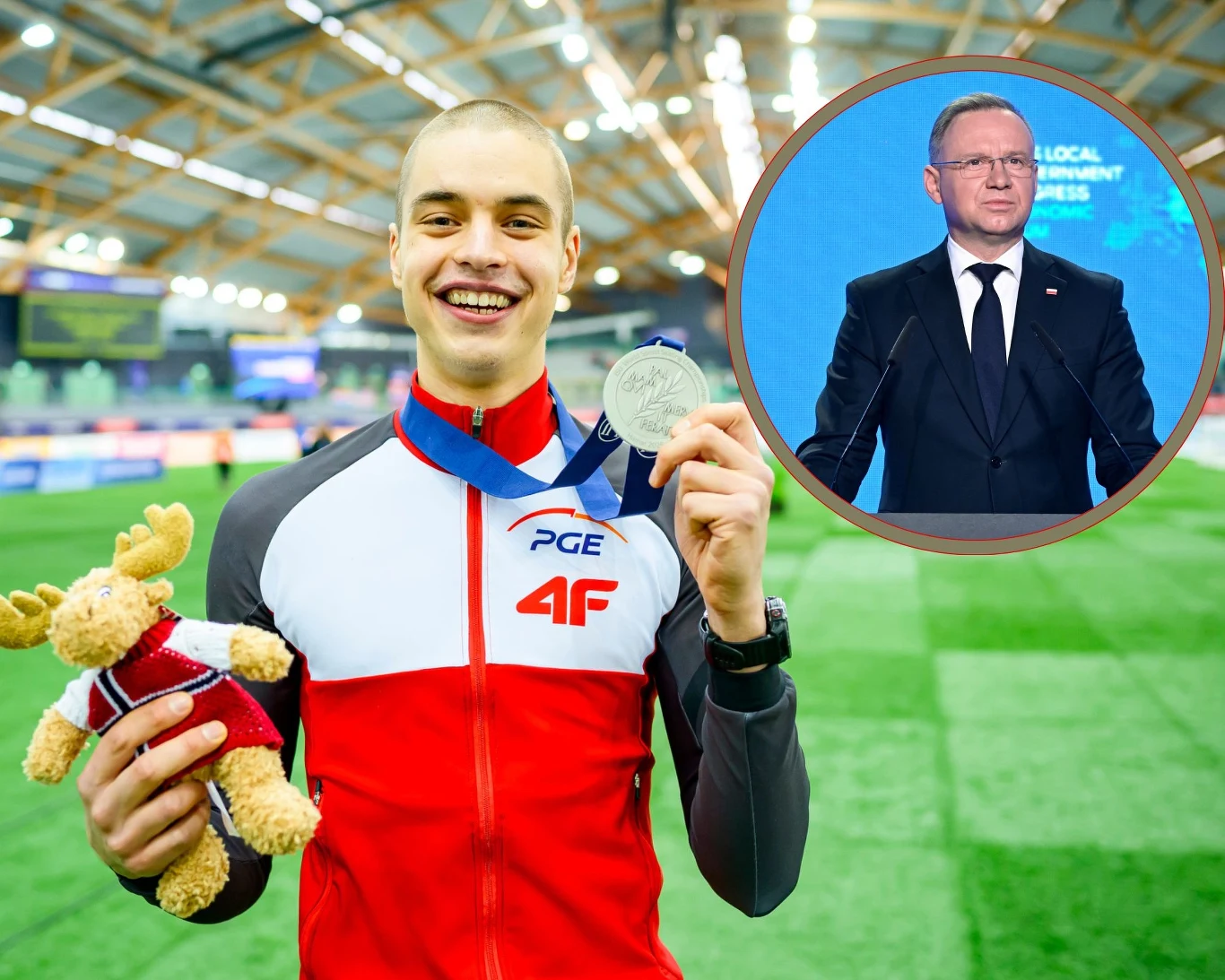 Władimir Semirunni ze srebrnym medalem MŚ. W ramce Prezydent RP Andrzej Duda