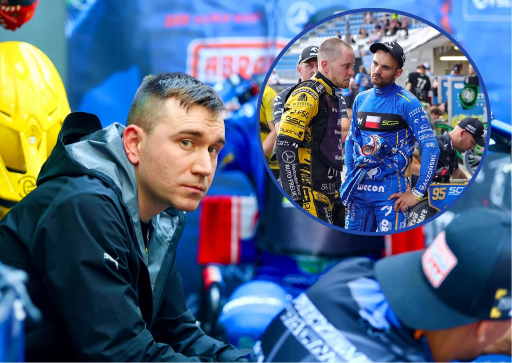 Daniel Kowalski, syn i wspólnik tunera Ryszarda Kowalskiego. W tle Szymon Woźniak dyskutuje z Bartoszem Zmarzlikiem po słabym biegu. Daniel Kowalski, syn i wspólnik tunera Ryszarda Kowalskiego. W tle Szymon Woźniak dyskutuje z Bartoszem Zmarzlikiem po słabym biegu.
