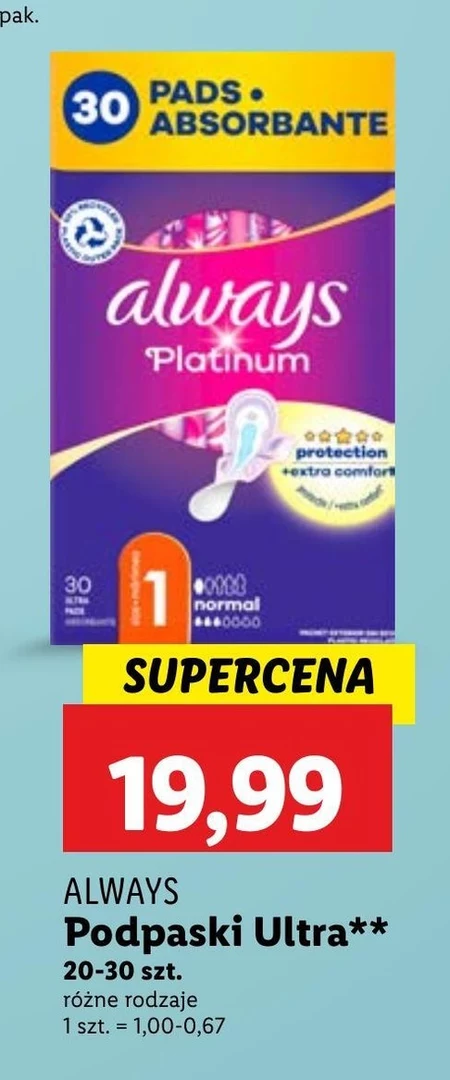 Always Platinum Podpaski ze skrzydełkami Normal, 30 sztuk