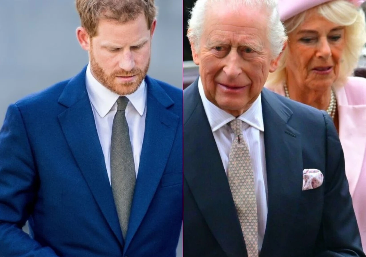 Książę Harry, król Karol III, królowa Camilla Książę Harry, król Karol III, królowa Camilla