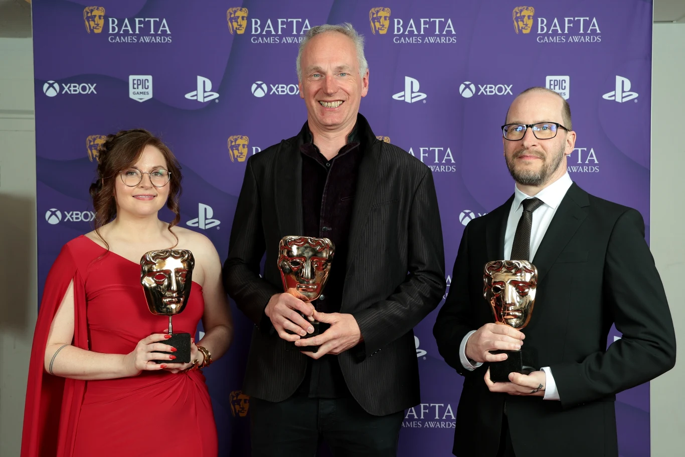 Sarah Baylus, Swen Vincke i David Walgrave podczas gali BAFTA Games Awards 2024 Sarah Baylus, Swen Vincke i David Walgrave podczas gali BAFTA Games Awards 2024