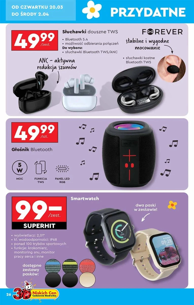 Słuchawki, głośnik i smartwatch w Biedronce Słuchawki, głośnik i smartwatch w Biedronce